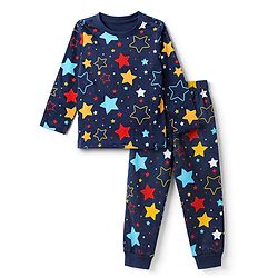 Babyhug 100% Cotton Knit Full Sleeves Co-Ords T-Shirt & Pyjama Night Suit with Star Print - Navy Blue