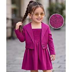 Babyhug Poplin Woven Full Sleeves Solid Frock With Jacket - Dark Pink