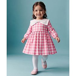 Babyhug 100% Cotton Woven Full Sleeves Checked Frock With Leggings - Pink