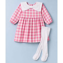 Babyhug 100% Cotton Woven Full Sleeves Checked Frock With Leggings - Pink