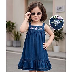 Babyhug Denim Woven Sleeveless Floral Embroidered Frock - Navy Blue