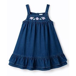 Babyhug Denim Woven Sleeveless Floral Embroidered Frock - Navy Blue