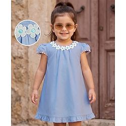 Babyhug Oxford Woven Half Sleeves Solid Frock With Floral Applique & Lace Detailing - Light Blue