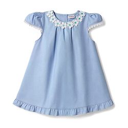 Babyhug Oxford Woven Half Sleeves Solid Frock With Floral Applique & Lace Detailing - Light Blue