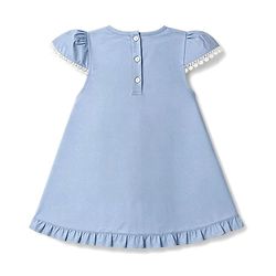 Babyhug Oxford Woven Half Sleeves Solid Frock With Floral Applique & Lace Detailing - Light Blue