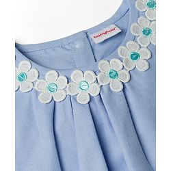 Babyhug Oxford Woven Half Sleeves Solid Frock With Floral Applique & Lace Detailing - Light Blue