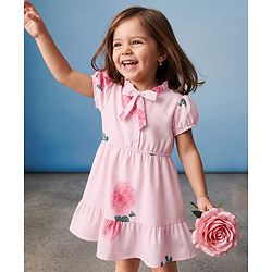 Babyhug Georgette Woven Half Sleeves One Piece Dress With Floral Print - Pink