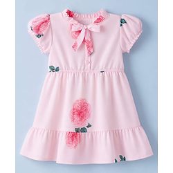 Babyhug Georgette Woven Half Sleeves One Piece Dress With Floral Print - Pink