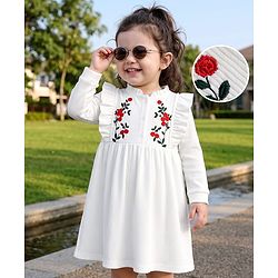Babyhug Corduroy Woven Full Sleeves Frill Detailing Frock With Floral Embroidery - White