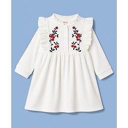 Babyhug Corduroy Woven Full Sleeves Frill Detailing Frock With Floral Embroidery - White