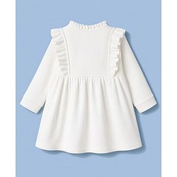 Babyhug Corduroy Woven Full Sleeves Frill Detailing Frock With Floral Embroidery - White