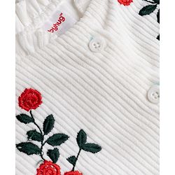 Babyhug Corduroy Woven Full Sleeves Frill Detailing Frock With Floral Embroidery - White