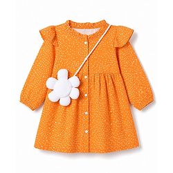 Babyhug Rayon Woven Full Sleeves Polka Dot Printed Dress - Orange