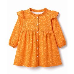 Babyhug Rayon Woven Full Sleeves Polka Dot Printed Dress - Orange