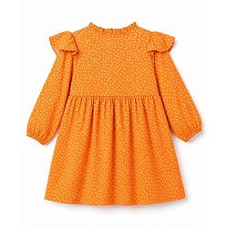 Babyhug Rayon Woven Full Sleeves Polka Dot Printed Dress - Orange