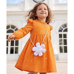 Babyhug Rayon Woven Full Sleeves Polka Dot Printed Dress - Orange