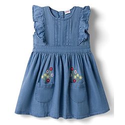 Babyhug Denim Woven Sleeveless Floral Embroidered Frock - Blue