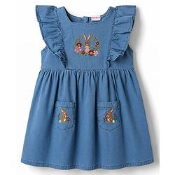 Babyhug Denim Woven Frill Sleeves Floral & Bunny Embroidered Frock - Blue