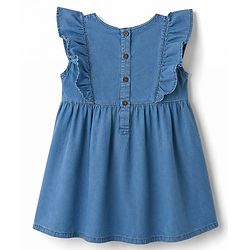 Babyhug Denim Woven Frill Sleeves Floral & Bunny Embroidered Frock - Blue