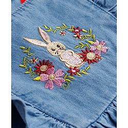 Babyhug Denim Woven Frill Sleeves Floral & Bunny Embroidered Frock - Blue