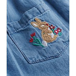 Babyhug Denim Woven Frill Sleeves Floral & Bunny Embroidered Frock - Blue