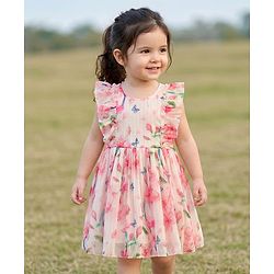 Babyhug Chiffon Woven Frill Sleeves Frock With Floral Print - OffWhite