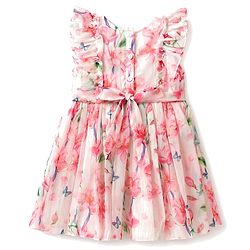 Babyhug Chiffon Woven Frill Sleeves Frock With Floral Print - OffWhite