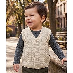 Babyhug Knit Sleeveless Front Open Solid Colour Sweater with Cable Knit Design - Beige