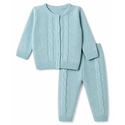 Babyhug Knit Full Sleeves Front Open Sweater Set With Cable Knit Design - Light Blue