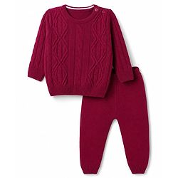 Babyhug Knit Full Sleeves Sweater Set With Cable Knit Design - Dark Pink
