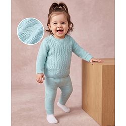 Babyhug Knit Full Sleeves Sweater Set with Cable Knit Design - Light Blue