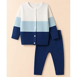 Babyhug Knit Full Sleeves Striped Sweater Set - Blue & White