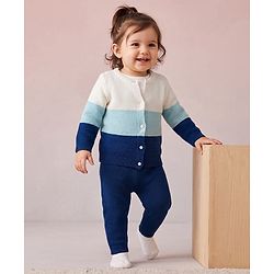 Babyhug Knit Full Sleeves Striped Sweater Set - Blue & White