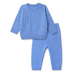 Babyhug Knit Sweater Sets with Full Sleeves and Cable Knit Design - Light Blue
