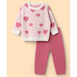 Babyhug Knit Full Sleeves Sweater Set With Hearts Design - Pink & White