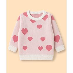 Babyhug Knit Full Sleeves Sweater Set With Hearts Design - Pink & White