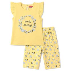 Babyhug 100% Cotton Knit Half Sleeves T-Shirt & Capri Night Suit Floral Print - Yellow