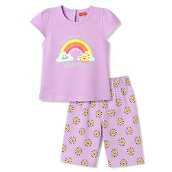 Babyhug 100% Cotton Knit Half Sleeves T-Shirt & Capri Night Suit Rainbow Print - Lavender