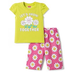Babyhug 100% Cotton Knit Half Sleeves T-Shirt & Capri Night Suit Floral Print - Green & Pink