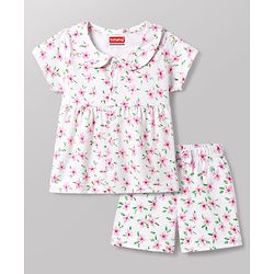 Babyhug 100% Cotton Knit Half Sleeves Peter Pan Collar Co Ord Shirt & Shorts Night Suit Floral Print - White