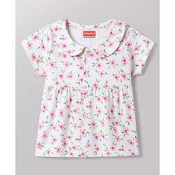 Babyhug 100% Cotton Knit Half Sleeves Peter Pan Collar Co Ord Shirt & Shorts Night Suit Floral Print - White