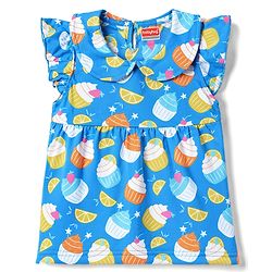 Babyhug 100% Cotton Knit Half Sleeves Peter Pan Collar Co Ord T-Shirt & Shorts Night Suit Cup Cake Print - Blue