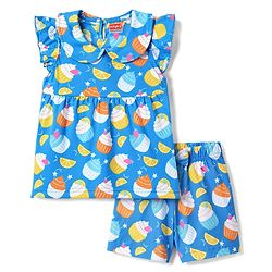 Babyhug 100% Cotton Knit Half Sleeves Peter Pan Collar Co Ord T-Shirt & Shorts Night Suit Cup Cake Print - Blue