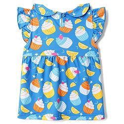 Babyhug 100% Cotton Knit Half Sleeves Peter Pan Collar Co Ord T-Shirt & Shorts Night Suit Cup Cake Print - Blue