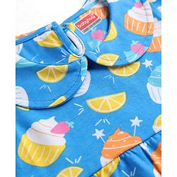 Babyhug 100% Cotton Knit Half Sleeves Peter Pan Collar Co Ord T-Shirt & Shorts Night Suit Cup Cake Print - Blue