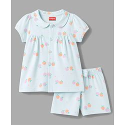 Babyhug 100% Cotton Knit Half Sleeves Top & Shorts Night Suit Co-ords With Heart Print - Light Blue