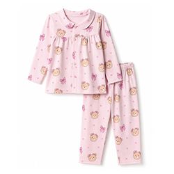 Babyhug 100% Cotton Knit Full Sleeves Front Open Shirt & Pyjama Night Suit with Teddy Bear Print - Pink