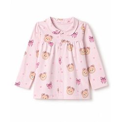 Babyhug 100% Cotton Knit Full Sleeves Front Open Shirt & Pyjama Night Suit with Teddy Bear Print - Pink