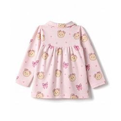 Babyhug 100% Cotton Knit Full Sleeves Front Open Shirt & Pyjama Night Suit with Teddy Bear Print - Pink