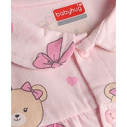Babyhug 100% Cotton Knit Full Sleeves Front Open Shirt & Pyjama Night Suit with Teddy Bear Print - Pink